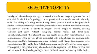 Ideally, all chemotherapeutic agents would act only on enzyme systems that are
essential for the life of a pathogen or neoplastic cell and would not affect healthy
cells. The ability of a drug to attack only those systems found in foreign cells is
known as selective toxicity. Penicillin, an antibiotic used to treat bacterial infections,
has selective toxicity. It affects an enzyme system unique to bacteria, causing
bacterial cell death without disrupting normal human cell functioning.
Unfortunately, most other chemotherapeutic agents also destroy normal human cells,
causing many of the adverse effects associated with antipathogen and antineoplastic
chemotherapy. Cells that reproduce or are replaced rapidly (e.g., bone marrow cells,
gastrointestinal [GI] cells, hair follicles) are more easily affected by these agents.
Consequently, the goal of many chemotherapeutic regimens is to deliver a dose that
will be toxic to the invading cells yet cause the least amount of toxicity to the host.
SELECTIVE TOXICITY
 