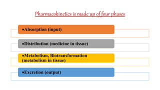 Pharmacokinetics is made up of four phases
Absorption (input)
Distribution (medicine in tissue)
Metabolism, Biotransformation
(metabolism in tissue)
Excretion (output)
 