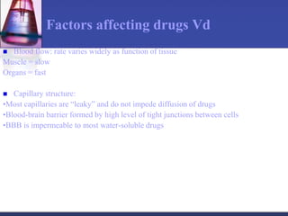 Factors affecting drugs Vd
 Blood flow: rate varies widely as function of tissue
Muscle = slow
Organs = fast
 Capillary structure:
•Most capillaries are “leaky” and do not impede diffusion of drugs
•Blood-brain barrier formed by high level of tight junctions between cells
•BBB is impermeable to most water-soluble drugs
 