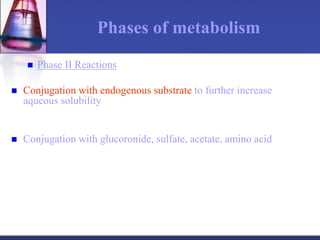 Phases of metabolism
 Phase II Reactions
 Conjugation with endogenous substrate to further increase
aqueous solubility
 Conjugation with glucoronide, sulfate, acetate, amino acid
 