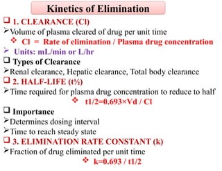  1. CLEARANCE (Cl)
Volume of plasma cleared of drug per unit time
 Cl = Rate of elimination / Plasma drug concentration
 Units: mL/min or L/hr
 Types of Clearance
Renal clearance, Hepatic clearance, Total body clearance
 2. HALF-LIFE (t½)
Time required for plasma drug concentration to reduce to half
 t1/2=0.693×Vd / Cl
 Importance
Determines dosing interval
Time to reach steady state
 3. ELIMINATION RATE CONSTANT (k)
Fraction of drug eliminated per unit time
 k=0.693 / t1/2
Kinetics of Elimination
 