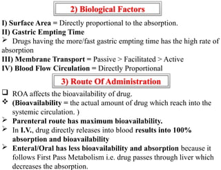 I) Surface Area = Directly proportional to the absorption.
II) Gastric Empting Time
 Drugs having the more/fast gastric empting time has the high rate of
absorption
III) Membrane Transport = Passive > Facilitated > Active
IV) Blood Flow Circulation = Directly Proportional
 ROA affects the bioavailability of drug.
 (Bioavailability = the actual amount of drug which reach into the
systemic circulation. )
 Parenteral route has maximum bioavailability.
 In I.V., drug directly releases into blood results into 100%
absorption and bioavailability
 Enteral/Oral has less bioavailability and absorption because it
follows First Pass Metabolism i.e. drug passes through liver which
decreases the absorption.
2) Biological Factors
3) Route Of Administration
 