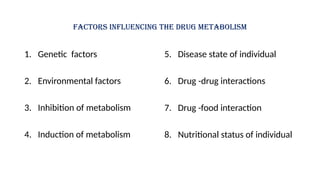 Factors influencing the drug metabolism
1. Genetic factors
2. Environmental factors
3. Inhibition of metabolism
4. Induction of metabolism
5. Disease state of individual
6. Drug -drug interactions
7. Drug -food interaction
8. Nutritional status of individual
 