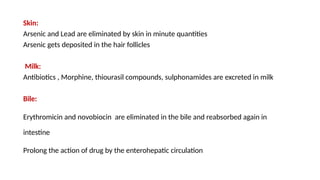 Skin:
Arsenic and Lead are eliminated by skin in minute quantities
Arsenic gets deposited in the hair follicles
Milk:
Antibiotics , Morphine, thiourasil compounds, sulphonamides are excreted in milk
Bile:
Erythromicin and novobiocin are eliminated in the bile and reabsorbed again in
intestine
Prolong the action of drug by the enterohepatic circulation
 