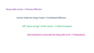 Drug walks across → Passive diffusion
Carrier holds the drug's hand → Facilitated diffusion
ATP "gives energy" to the carrier → Active transport
Cell membrane surrounds the drug with arms → Endocytosis
 