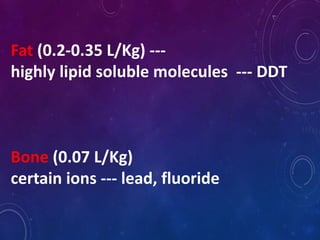Fat (0.2-0.35 L/Kg) ---
highly lipid soluble molecules --- DDT
Bone (0.07 L/Kg)
certain ions --- lead, fluoride
 
