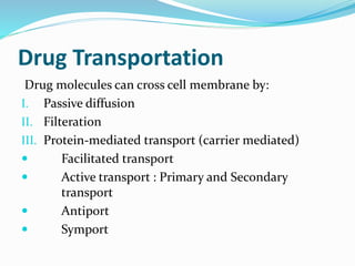 Drug Transportation
Drug molecules can cross cell membrane by:
I. Passive diffusion
II. Filteration
III. Protein-mediated transport (carrier mediated)
 Facilitated transport
 Active transport : Primary and Secondary
transport
 Antiport
 Symport
 