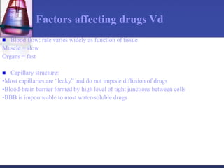 Factors affecting drugs Vd
 Blood flow: rate varies widely as function of tissue
Muscle = slow
Organs = fast
 Capillary structure:
•Most capillaries are “leaky” and do not impede diffusion of drugs
•Blood-brain barrier formed by high level of tight junctions between cells
•BBB is impermeable to most water-soluble drugs
 