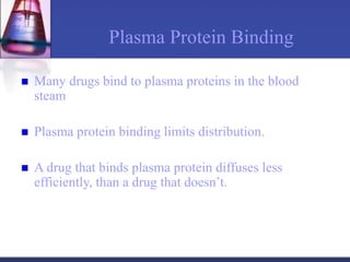 Plasma Protein Binding
 Many drugs bind to plasma proteins in the blood
steam
 Plasma protein binding limits distribution.
 A drug that binds plasma protein diffuses less
efficiently, than a drug that doesn’t.
 
