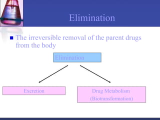 Elimination
 The irreversible removal of the parent drugs
from the body
Elimination
Drug Metabolism
(Biotransformation)
Excretion
 
