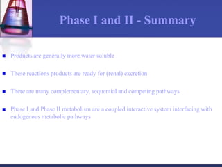 Phase I and II - Summary
 Products are generally more water soluble
 These reactions products are ready for (renal) excretion
 There are many complementary, sequential and competing pathways
 Phase I and Phase II metabolism are a coupled interactive system interfacing with
endogenous metabolic pathways
 