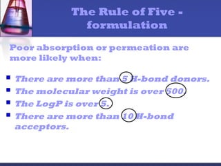 The Rule of Five -
formulation
 There are more than 5 H-bond donors.
 The molecular weight is over 500.
 The LogP is over 5.
 There are more than 10 H-bond
acceptors.
Poor absorption or permeation are
more likely when:
 