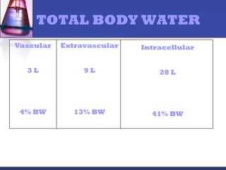 TOTAL BODY WATER
Vascular
3 L
4% BW
Extravascular
9 L
13% BW
Intracellular
28 L
41% BW
 