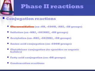 Phase II reactions
 Conjugation reactions
 Glucuronidation (on -OH, -COOH, -NH2, -SH groups)
 Sulfation (on -NH2, -SO2NH2, -OH groups)
 Acetylation (on -NH2, -SO2NH2, -OH groups)
 Amino acid conjugation (on -COOH groups)
 Glutathione conjugation (to epoxides or organic
halides)
 Fatty acid conjugation (on -OH groups)
 Condensation reactions
 
