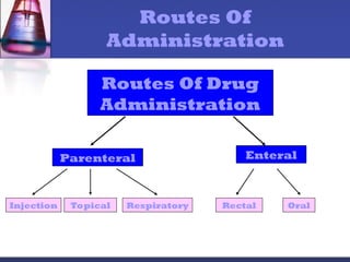 Routes Of
Administration
Routes Of Drug
Administration
Enteral
Parenteral
Oral
Injection Rectal
Respiratory
Topical
 