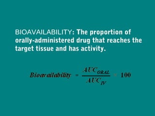 BIOAVAILABILITY: The proportion of
orally-administered drug that reaches the
target tissue and has activity.
 