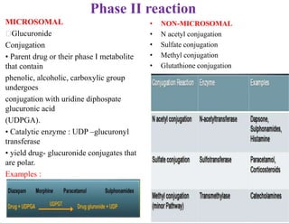 Phase II reaction
MICROSOMAL
Glucuronide
Conjugation
• Parent drug or their phase I metabolite
that contain
phenolic, alcoholic, carboxylic group
undergoes
conjugation with uridine diphospate
glucuronic acid
(UDPGA).
• Catalytic enzyme : UDP –glucuronyl
transferase
• yield drug- glucuronide conjugates that
are polar.
Examples :
• NON-MICROSOMAL
• N acetyl conjugation
• Sulfate conjugation
• Methyl conjugation
• Glutathione conjugation
 