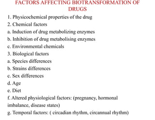 FACTORS AFFECTING BIOTRANSFORMATION OF
DRUGS
1. Physicochemical properties of the drug
2. Chemical factors
a. Induction of drug metabolizing enzymes
b. Inhibition of drug metabolising enzymes
c. Environmental chemicals
3. Biological factors
a. Species differences
b. Strains differences
c. Sex differences
d. Age
e. Diet
f. Altered physiological factors: (pregnancy, hormonal
imbalance, disease states)
g. Temporal factors: ( circadian rhythm, circannual rhythm)
 
