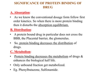 SIGNIFICANCE OF PROTEIN BINDING OF
DRUG
A. Absorption:
• As we know the conventional dosage form follow first
order kinetics. So when there is more protein binding
then it disturbs the absorption equilibrium.
B. Distribution:
• A protein bound drug in particular does not cross the
BBB, the Placental barrier, the glomerulus.
• So, protein binding decreases the distribution of
drugs.
C. Metabolism:
• Protein binding decreases the metabolism of drugs &
enhances the biological half life.
• Only unbound fraction get metabolized.
• Eg. Phenylbutazone, Sulfonamide.
 