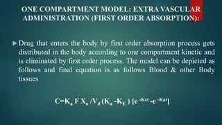 ONE COMPARTMENT MODEL: EXTRA VASCULAR
ADMINISTRATION (FIRST ORDER ABSORPTION):
 Drug that enters the body by first order absorption process gets
distributed in the body according to one compartment kinetic and
is eliminated by first order process. The model can be depicted as
follows and final equation is as follows Blood & other Body
tissues
C=Ka F Xo /Vd (Ka -KE ) [e -Ket -e -Kat]
 