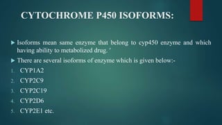 CYTOCHROME P450 ISOFORMS:
 Isoforms mean same enzyme that belong to cyp450 enzyme and which
having ability to metabolized drug. 
 There are several isoforms of enzyme which is given below:-
1. CYP1A2
2. CYP2C9
3. CYP2C19
4. CYP2D6
5. CYP2E1 etc.
 