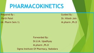 PHARMACOKINETICS
Prepared By : Guided By :
Parth Patel Dr. Hitesh Jain
(M. Pharm Sem.1) M.pharm ,Ph.D
Forwarded By:
Dr.U.M. Upadhyay
M.pharm ,Ph.D
Sigma Institute Of Pharmacy, Vadodara
 