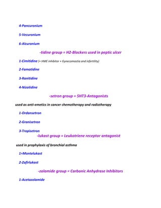 4-Pancuronium
5-Vecuronium
6-Alcuronium
-tidine group = H2-Blockers used in peptic ulcer
1-Cimitidine (+ HME inhibitor + Gynecomastia and infertility)
2-Famotidine
3-Ranitidine
4-Nizatidine
-setron group = 5HT3-Antagonists
used as anti-emetics in cancer chemotherapy and radiotherapy
1-Ordansetron
2-Granisetron
3-Tropisetron
-lukast group = Leukotriene receptor antagonist
used in prophylaxis of bronchial asthma
1=Montelukast
2-Zafirlukast
-zolamide group = Carbonic Anhydrase Inhibitors
1-Acetazolamide
 