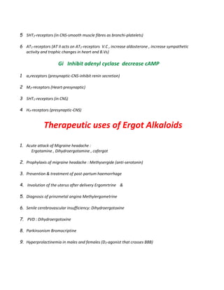 5 5HT2-receptors (in CNS-smooth muscle fibres as bronchi-platelets)
6 AT1-receptors (AT II acts on AT1-receptors V.C , increase aldosterone , increase sympathetic
activity and trophic changes in heart and B.Vs)
Gi Inhibit adenyl cyclase decrease cAMP
1 α2receptors (presynaptic-CNS-inhibit renin secretion)
2 M2-receptors (Heart-presynaptic)
3 5HT1-receptors (in CNS)
4 H3-receptors (presynaptic-CNS)
Therapeutic uses of Ergot Alkaloids
1. Acute attack of Migraine headache :
Ergotamine , Dihydroergotamine , cafergot
2. Prophylaxis of migraine headache : Methysergide (anti-serotonin)
3. Prevention & treatment of post-partum haemorrhage
4. Involution of the uterus after delivery Ergomrtrine &
5. Diagnosis of prinzmetal angina Methylergometrine
6. Senile cerebrovascular insufficiency: Dihydroergotoxine
7. PVD : Dihydroergotoxine
8. Parkinsonism Bromocriptine
9. Hyperprolactinemia in males and females (D2-agonist that crosses BBB)
 