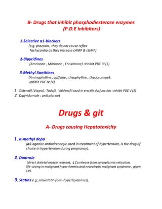 B- Drugs that inhibit phosphodiesterase enzymes
(P.D.E Inhibitors)
1-Selective α1-blockers
(e.g. prazosin , they do not cause reflex
Tachycardia as they increase cAMP & cGMP)
2-Bipyridines
(Amrinone , Milrinone , Enoximone) :Inhibit PDE III (3)
3-Methyl Xanthines
(Aminophylline , caffeine , theophylline , theobromine):
Inhibit PDE IV (4)
1 Sildenafil (Viagra) , Tadafil , Valdenafil used in erectile dysfunction : Inhibit PDE V (5)
2 Dipyridamole : anti platelet
Drugs & git
A- Drugs causing Hepatotoxicity
1.α-methyl dopa
(α2-agonist-antiadrenergic-used in treatment of hypertension, is the drug of
choice in hypertension during pregnancy).
2.Dantrole
(direct skeletal muscle relaxant, ↓Ca release from sarcoplasmic reticulum,
life-saving in malignant hyperthermia and neuroleptic malignant syndrome , given
I.V).
3.Statins e.g; simvatatin (anti-hyperlipidemics).
 