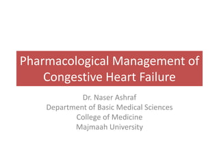 Pharmacological Management of
Congestive Heart Failure
Dr. Naser Ashraf
Department of Basic Medical Sciences
College of Medicine
Majmaah University
 
