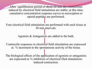 After equilibration period of about 60 min the contractions
induced by electrical field stimulation are stable; at this time,
cumulative concentration response curves to nociception or
opioid peptides are performed.
Four electrical field stimulation are performed with each tissue at
30 min intervals.
Agonists & Antagonists are added to the bath.
Contractile responses to electrical field stimulation are expressed
as % increment to the spontaneous activity of the tissue.
The biological effects of the application of agonists or antagonists
are expressed as % inhibition of electrical filed stimulation-
induced contraction.
 