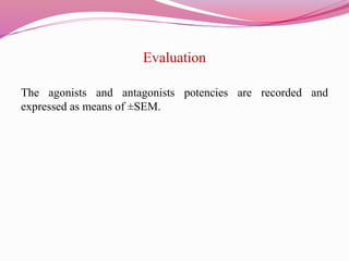 Evaluation
The agonists and antagonists potencies are recorded and
expressed as means of ±SEM.
 