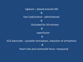 Ligature – placed around LAD  Test /std/control - administered.  Occluded for 10 minutes  reperfusion  ECG electrode – pulsatile stimulation, induction of arrhythmia  Heart rate and contractile force –measured 