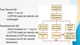 True’ Severe AS
Area <1 sq.cm
LVOT/AV peak jet velocity ratio
unchanged
Pseudosevere’ AS
Area increases to > 1 sq.cm
LVOT/AV peak jet velocity ratio
decreases (LVOT jet velocity
increases but AV jet velocity
decreases)
 