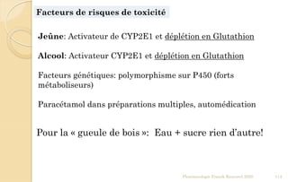 Facteurs de risques de toxicité
Pharmacologie Franck Rencurel 2020 114
Jeûne: Activateur de CYP2E1 et déplétion en Glutathion
Alcool: Activateur CYP2E1 et déplétion en Glutathion
Facteurs génétiques: polymorphisme sur P450 (forts
métaboliseurs)
Paracétamol dans préparations multiples, automédication
Pour la « gueule de bois »: Eau + sucre rien d’autre!
 