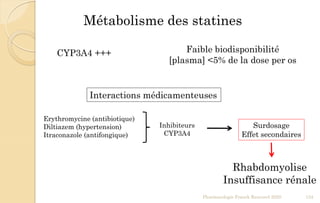 Métabolisme des statines
Pharmacologie Franck Rencurel 2020 134
Interactions médicamenteuses
Erythromycine (antibiotique)
Diltiazem (hypertension)
Itraconazole (antifongique)
Inhibiteurs
CYP3A4
Rhabdomyolise
Insuffisance rénale
CYP3A4 +++ Faible biodisponibilité
[plasma] <5% de la dose per os
Surdosage
Effet secondaires
 