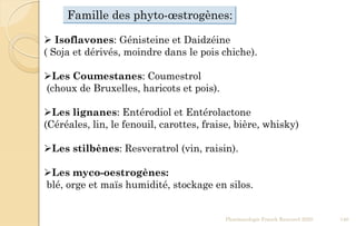 Famille des phyto-œstrogènes:
 Isoflavones: Génisteine et Daidzéine
( Soja et dérivés, moindre dans le pois chiche).
Les Coumestanes: Coumestrol
(choux de Bruxelles, haricots et pois).
Les lignanes: Entérodiol et Entérolactone
(Céréales, lin, le fenouil, carottes, fraise, bière, whisky)
Les stilbènes: Resveratrol (vin, raisin).
Les myco-oestrogènes:
blé, orge et maïs humidité, stockage en silos.
Pharmacologie Franck Rencurel 2020 140
 