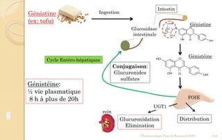 Génistine
(ex: tofu)
Ingestion
Intestin
Glucosidase
intestinale
Génistéine:
½ vie plasmatique
8 h à plus de 20h
Pharmacologie Franck Rencurel 2020 144
Génistine
Génistéine
FOIE
Glucuronidation
Elimination
Distribution
Cycle Entéro-hépatiques
Conjugaison:
Glucuronides
sulfates
UGT1
rein
 