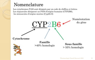 Nomenclature
Pharmacologie Franck Rencurel 2020 23
CYP2B6
Cytochrome
Famille
>40% homologie Sous famille
> 55% homologie
Numérotation
du gène
Les cytochromes P450 sont désignés par un code de chiffres et lettres
Les majuscules désignent un P450 d’origine humaine (CYP2B6),
les minuscules d’origine murine (Cyp2b10)
 