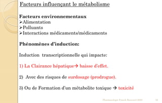 Facteurs environnementaux
Alimentation
Polluants
Interactions médicaments/médicaments
Phénomènes d’induction:
Induction transcriptionnelle qui impacte:
1) La Clairance hépatique baisse d’effet.
2) Avec des risques de surdosage (prodrogue).
3) Ou de Formation d’un métabolite toxique  toxicité
Pharmacologie Franck Rencurel 2020 32
Facteurs influençant le métabolisme
 