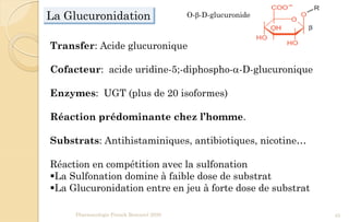 Pharmacologie Franck Rencurel 2020 45
La Glucuronidation
Transfer: Acide glucuronique
Cofacteur: acide uridine-5;-diphospho-a-D-glucuronique
Enzymes: UGT (plus de 20 isoformes)
Réaction prédominante chez l’homme.
Substrats: Antihistaminiques, antibiotiques, nicotine…
Réaction en compétition avec la sulfonation
La Sulfonation domine à faible dose de substrat
La Glucuronidation entre en jeu à forte dose de substrat
O-b-D-glucuronide
 