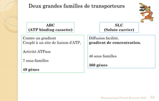 Deux grandes familles de transporteurs
Pharmacologie Franck Rencurel 2020 53
ABC
(ATP binding cassette)
SLC
(Solute carrier)
Diffusion facilité,
gradient de concentration.
46 sous familles
360 gènes
Contre un gradient
Couplé à un site de liaison d’ATP,
Activité ATPase
7 sous-familles
49 gènes
 