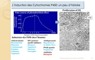 L’induction des Cytochromes P450: un peu d’histoire
Pharmacologie Franck Rencurel 2020 67
Proliferation of ER
Inducteurs des P450 chez l’homme:
Anticonvulsants
Phenobarbital
Phenytoin
Carbamazepin
Primidon
Felbamate
Vigabatrin
Antidepressants
Hyperforin in
St. John’s Wort
Antibiotics
Rifampicin
HIV protease-
and RT inhibitors
Ritonavir
Saquinavir
Efavirenz
Nevirapine
Remmer (1958) Naturwissenschaften
Time course of phenobarbital effect
PPAR agonists
Troglitazone
+PB
 