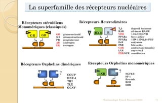 Récepteurs stéroïdiens
Monomériques (classiques)
GR glucocorticoid
MR mineralcorticoid
PR progesterone
AR androgen
ER estrogen
GR GR
Récepteurs Orphelins monomériques
NGFI-B
SF-1
Rev-erb
ROR
ERR
RXR
?
La superfamille des récepteurs nucléaires
Récepteurs Heterodimères
T35 thyroid hormone
RAR all-trans RAMR
VDR 1.25-(OH)2-VD
PPARa fatty acids/
PPARg 15D- 12D12,14-PGJ
EcR eodysone
FXR bile acids
CAR androstane (murin)
LXR oxystero.l
PXR/SCR xenobiotics
RXR R
Récepteurs Orphelins dimériques
COUP
HNF-4
TR2
TLX
GCNF
??
Pharmacologie Franck Rencurel 2020 71
 
