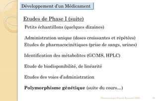 Etudes de Phase I (suite)
Petits échantillons (quelques dizaines)
Administration unique (doses croissantes et répétées)
Etudes de pharmacocinétiques (prise de sangs, urines)
Identification des métabolites (GC/MS, HPLC)
Etude de biodisponibilité, de linéarité
Etudes des voies d’administration
Polymorphisme génétique (suite du cours…)
Pharmacologie Franck Rencurel 2020 86
Développement d’un Médicament
 