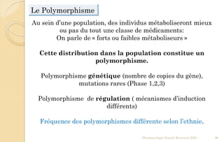 Pharmacologie Franck Rencurel 2020 99
Au sein d’une population, des individus métaboliseront mieux
ou pas du tout une classe de médicaments:
On parle de « forts ou faibles métaboliseurs »
Cette distribution dans la population constitue un
polymorphisme.
Polymorphisme génétique (nombre de copies du gène),
mutations rares (Phase 1,2,3)
Polymorphisme de régulation ( mécanismes d’induction
différents)
Fréquence des polymorphismes différente selon l’ethnie.
Le Polymorphisme
 