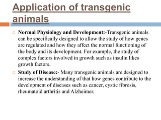 Application of transgenic
animals
 Normal Physiology and Development:-Transgenic animals
can be specifically designed to allow the study of how genes
are regulated and how they affect the normal functioning of
the body and its development. For example, the study of
complex factors involved in growth such as insulin likes
growth factors.
 Study of Disease:- Many transgenic animals are designed to
increase the understanding of that how genes contribute to the
development of diseases such as cancer, cystic fibrosis,
rheumatoid arthritis and Alzheimer.
 