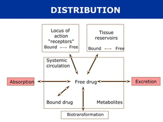DISTRIBUTION
Locus of
action
“receptors”
Bound Free
Tissue
reservoirs
Bound Free
Absorption Excretion
Free drug
Systemic
circulation
Bound drug Metabolites
Excretion
Biotransformation
 