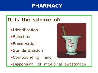 It is the science of:
•Identification
•Selection
•Preservation
•Standardization
•Compounding, and
•Dispensing of medicinal substances
PHARMACY
 