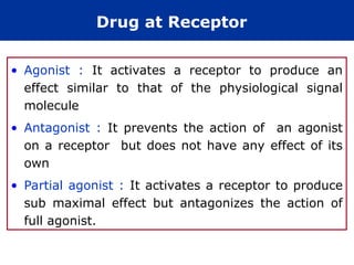 Drug at Receptor
• Agonist : It activates a receptor to produce an
effect similar to that of the physiological signal
molecule
• Antagonist : It prevents the action of an agonist
on a receptor but does not have any effect of its
own
• Partial agonist : It activates a receptor to produce
sub maximal effect but antagonizes the action of
full agonist.
 